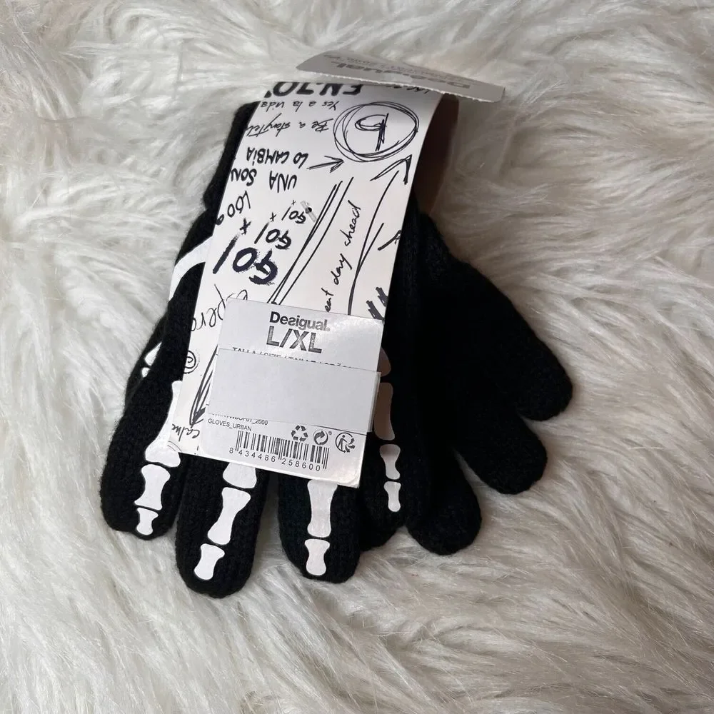 Desigual Kids Knitted Gloves With Skeleton Design Halloween Size Small Black NWT
